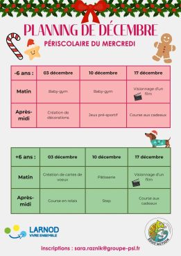 Périscolaire du mercredi : planning de décembre